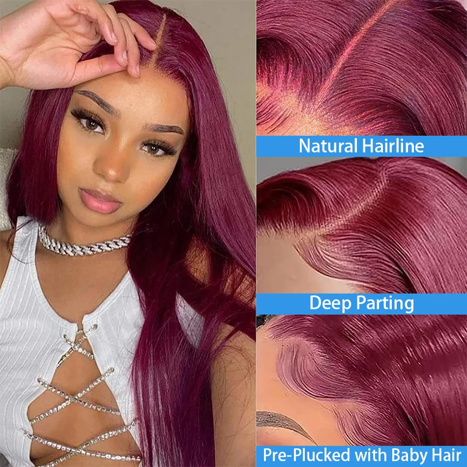 Burgundy Straight 13x6 HD Lace Frontal Wigs Human Hair 30 40 42 Inch 99j Red Colored 13x4 Transparent Lace Front Human Hair Wigs 2