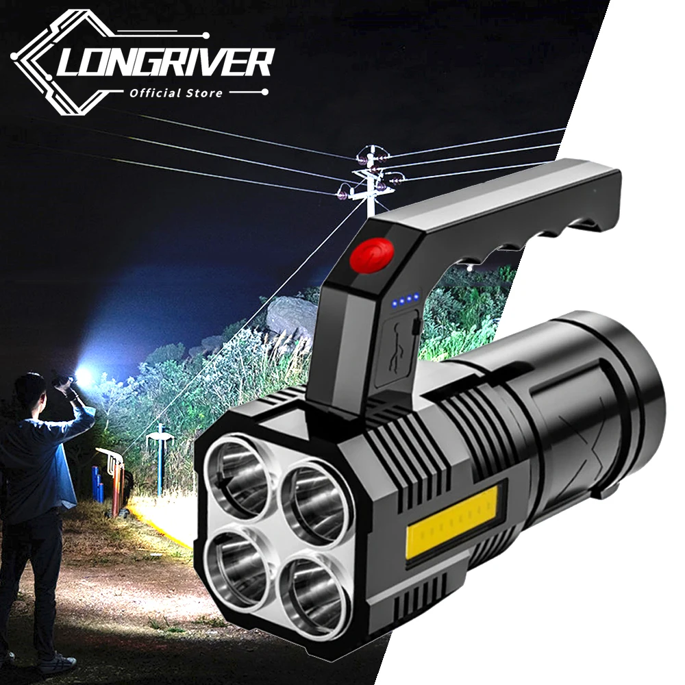 Portable 4 core Bright Flashlight LED Charging Multi function Portable Power Search Light Long Battery Life