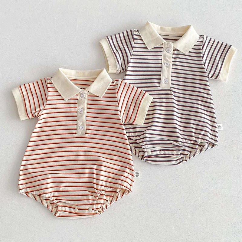 

2024 New Summer 0-24M Children Clothes Korean Style Climbing Suit Short Sleeved Cotton Stripes Toddler Baby Boys Jumpsuit