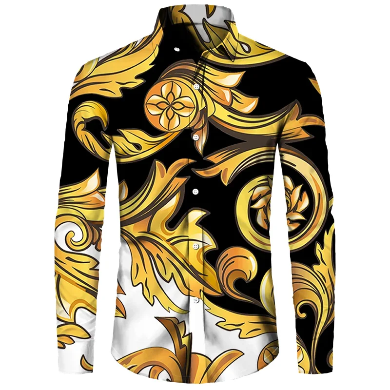 thumbnail image 1 of Camisa de manga larga con estampado 3D de cadena de flores doradas a la moda para hombre, ropa informal de diseñador de lujo para hombre, camisas con botones de solapa, 1 of 4