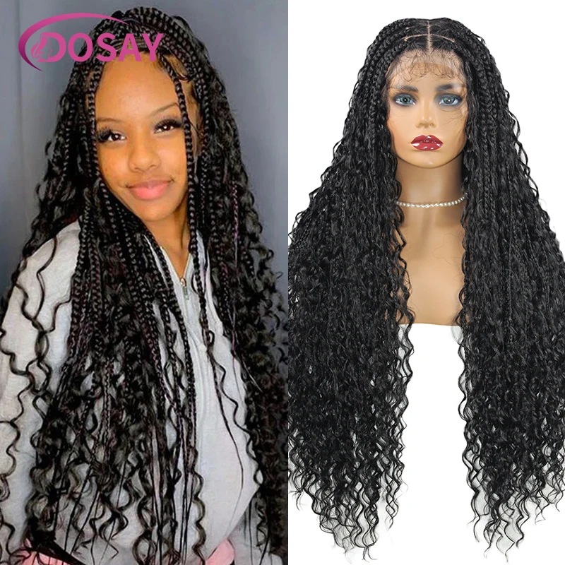 

Boho Box Braided Synthetic Wigs Curly Wave Full Lace Front Braided Wigs for Women Goddess Locs Braid Wig Bohemian Box Braid Wig