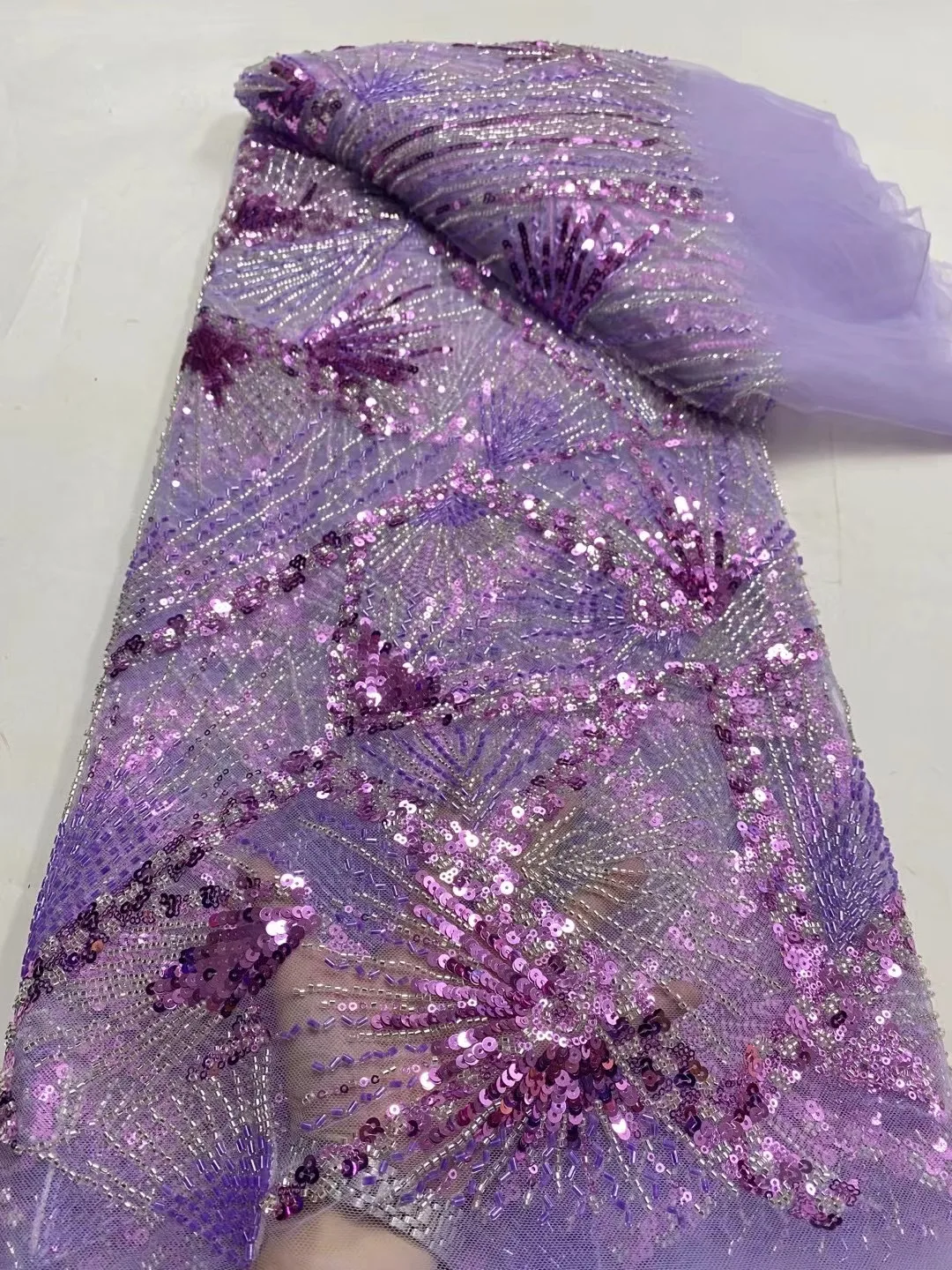 African Groom Sequined Lace Fabrics High Quality French Tulle Beaded Mesh Lace Fabrics Wedding Dress Material Sewing