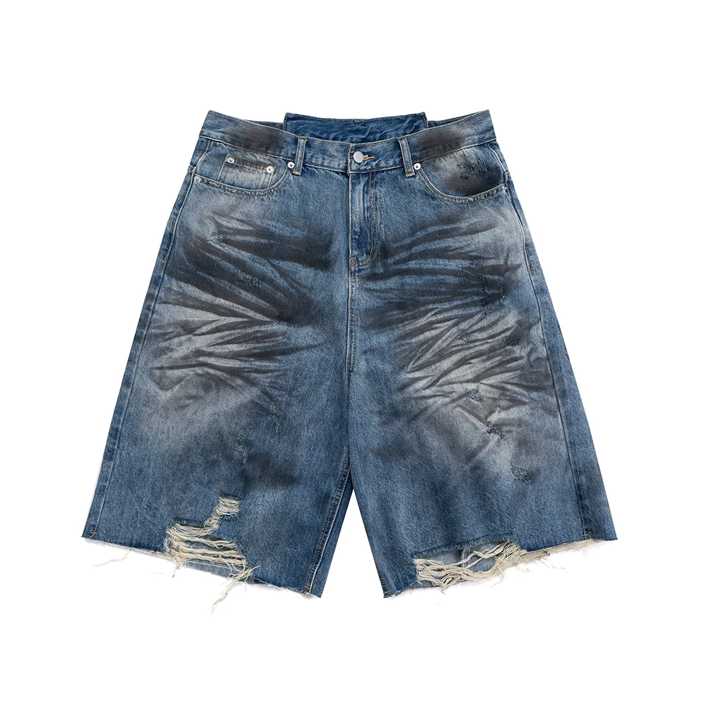 High Street Wrinkled Washed Dirty Dyed Vintage Ripped Distressed Baggy Five Point Pants Oversized Denim Shorts for Men