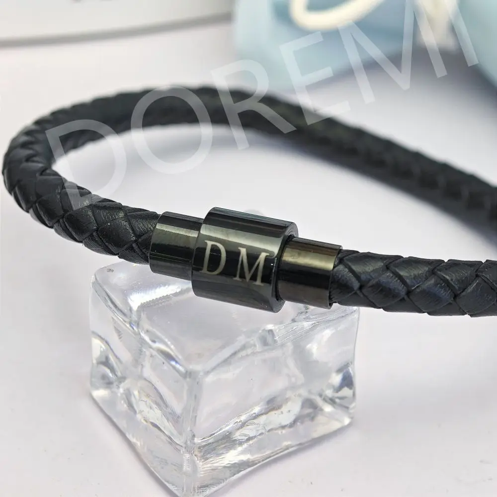 DOREMI New Leather Bracelet Titanium Steel Men's Leather Bracelet Woven Custom Logo Leather Bangle Magnetic Clasp Bracelet doremi stainless steel cutomized gold plated name bangle men women high quality personalized id nameplate bracelet adjusted