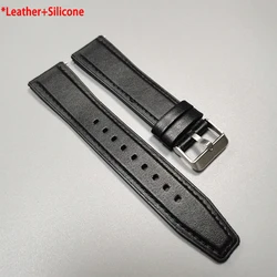 22mm Leather Silicone Hybrid Watch Strap Replacement Band, 46mm Bracelet Correa for 22mm Watchband (Black)