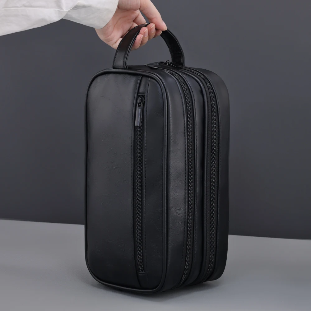 Double-Layer Toiletry Bag for Men PU Leather Travel Wash Organizer Dopp Kit Water-resistant Shaving Cosmetic Bag Strorage