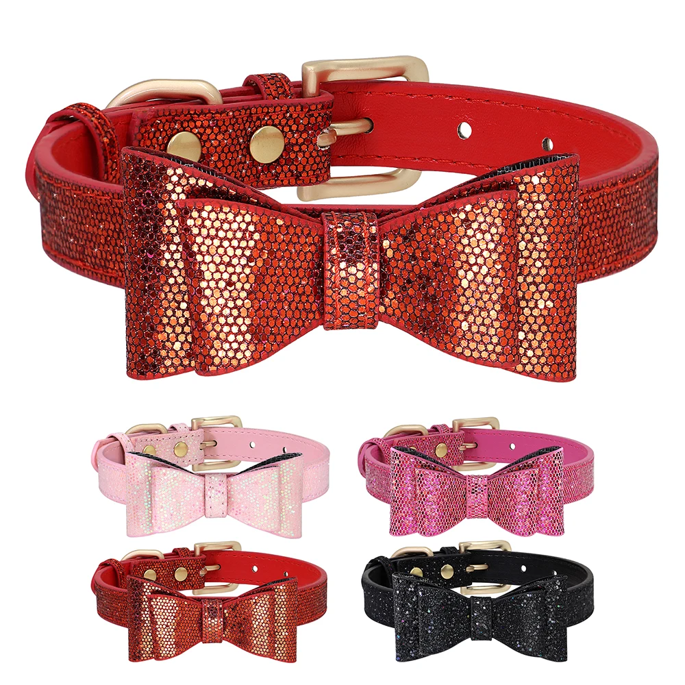 BowKnotDogCollarAdjustableLeatherPuppyCatCollarsBowknotDog