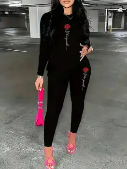 2026 Women's Casual Elegant Rose Printed Two Piece Solid Color Round Neck Long Sleeve T-shirt and Solid Color Printed Pants Set 1