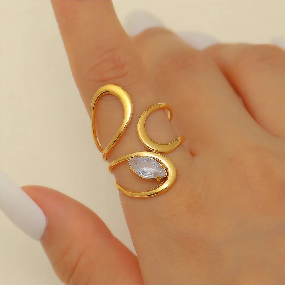 316L Stainless Steel Zircon Inlay Irregular Ring for Women Retro Metal Open Rings Party Jewelry Gifts