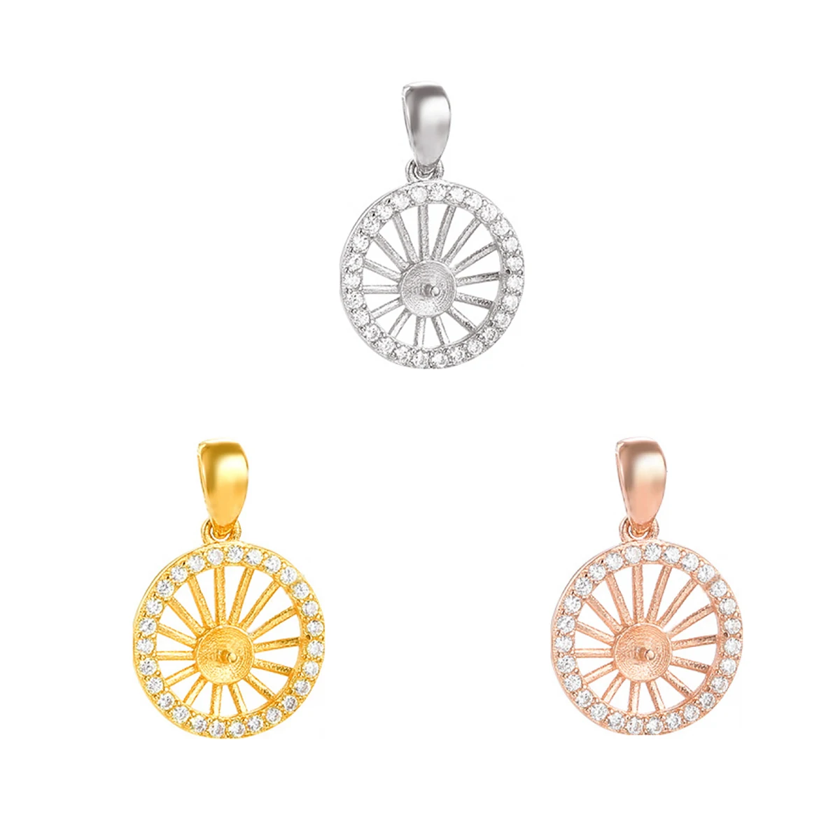 925 Silver Sterling Shiny Zircon Flower Pendants Tray Embed Round Bead Pearl Pendant Setting DIY Jewellery Making Supplies