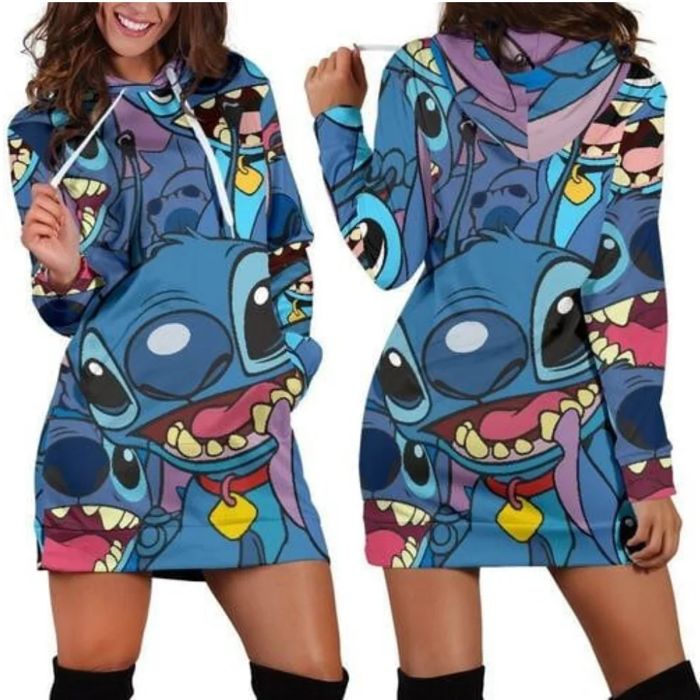 2023 New Stitch Hoodie Dress Sweater Fashion Disney Dress Sweatshirt Dress 3d Allover Printed Hoodie for Women