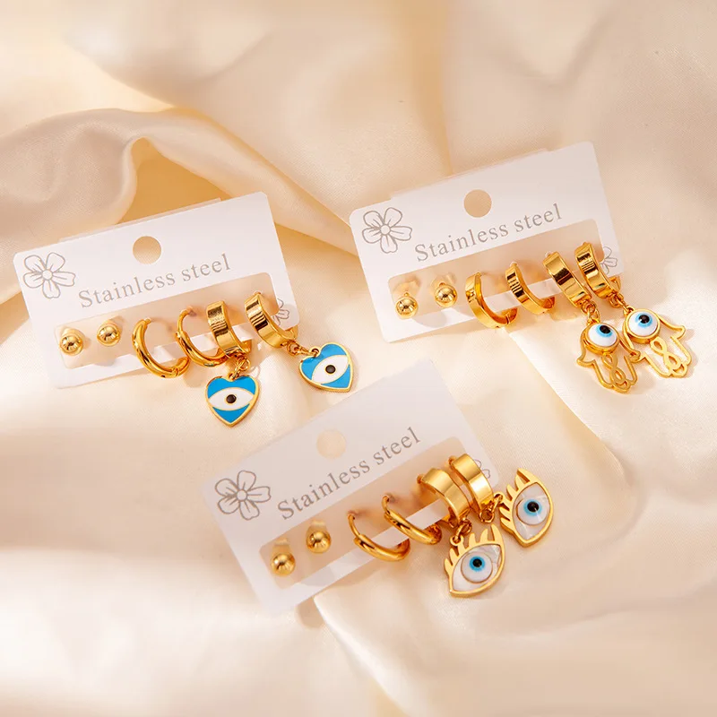 Chic Stylish Trendy 18K Gold Plated Stainless Steel Blue Turkish Eyes Earrings Jewelry 3Pair/Set Earrings For Women 2
