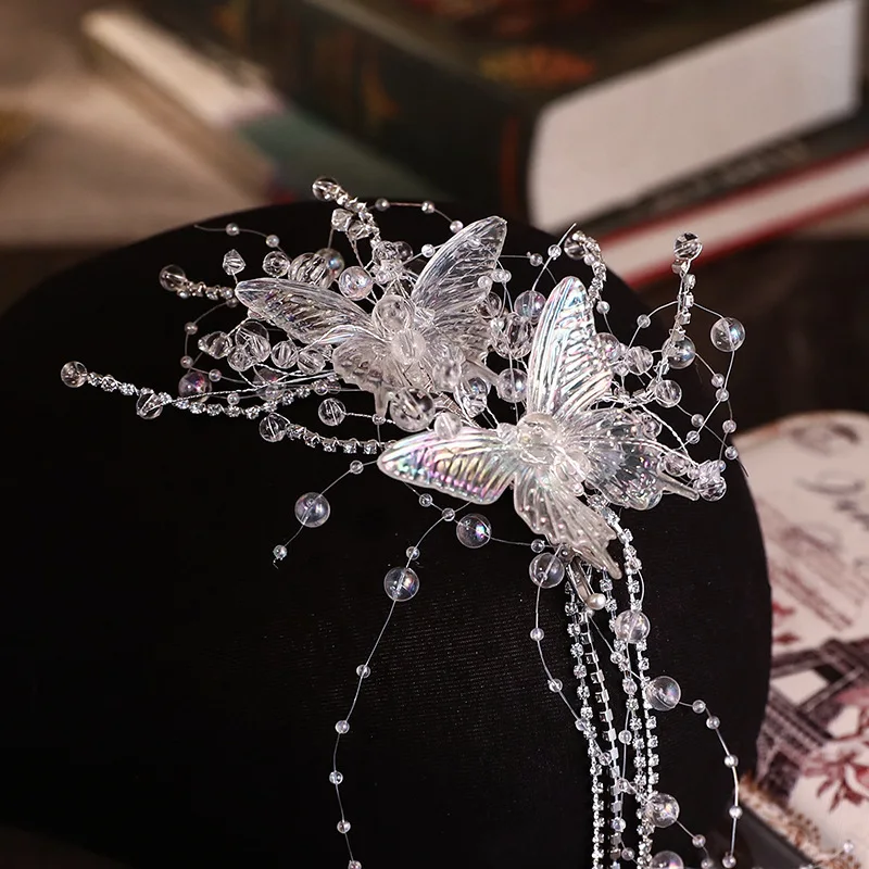 Crystal Bridal Tiara Hairgrips For Women Bride Princess Butterfly Tassel Barrettes Wedding Hair Accessories