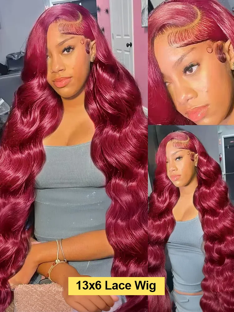 13x6 HD Transparent Body Wave 99J Burgundy Lace Frontal Human Hair Wig 30 40 Inch 13x4 Red Color Lace Front Wig For Women