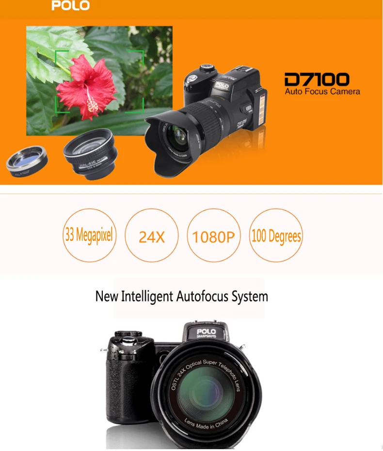 Brand  DSLR Camera HD Digital Camera POLO D7100 33Million Pixel Auto  Semi Profissional Video Camera 24X Optical Zoom Three Lens