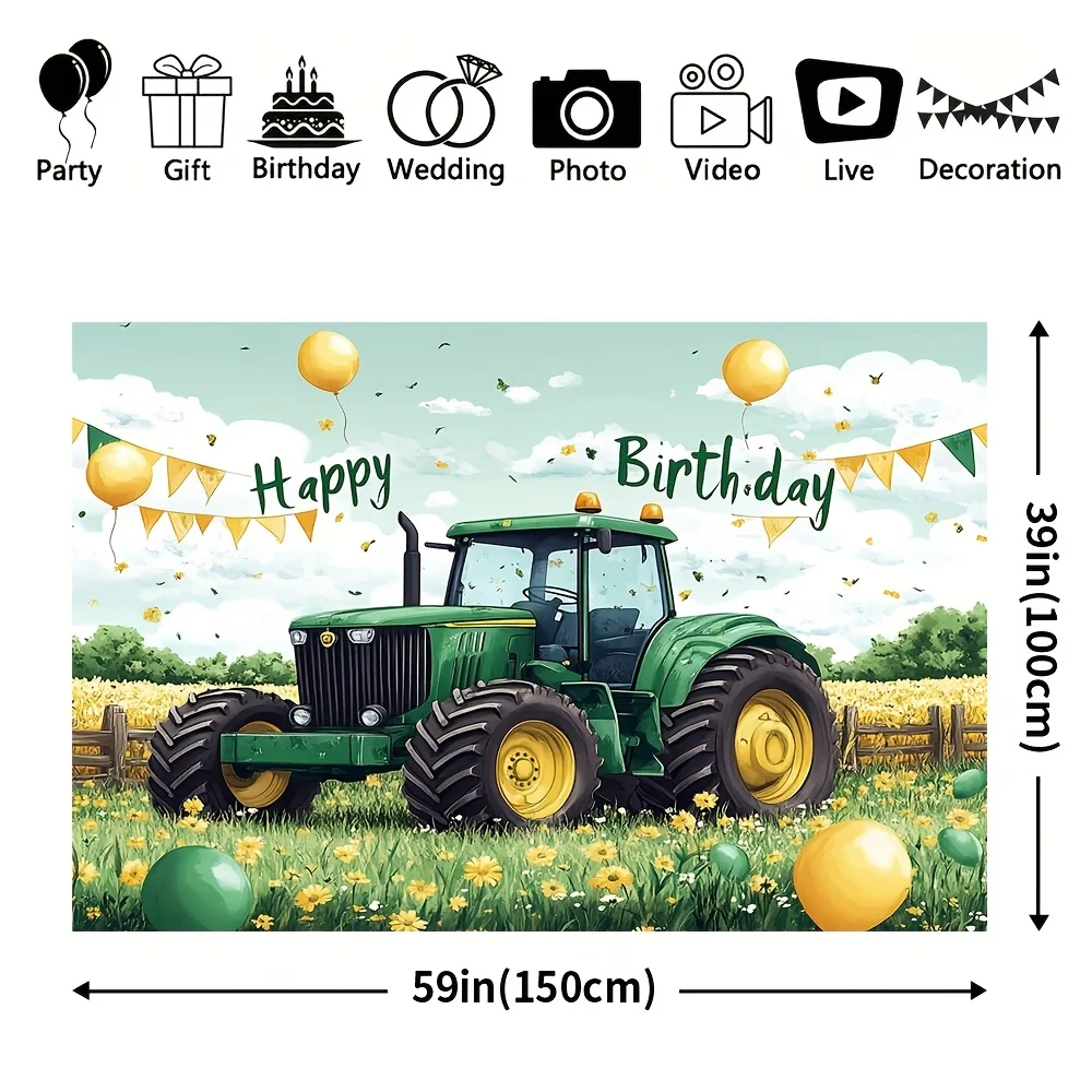 1-teilig, Happy Birthday Traktorhintergrund, Geburtstagsparty-Dekoration, Kuchentischbanner, Fotografie-Hintergrund H – Detail 3