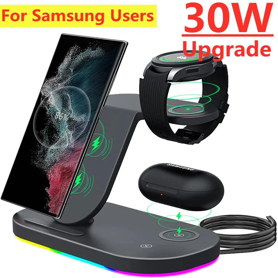 

Беспроводное зарядное устройство 3 в 1, 30 Вт, подставка для Samsung Galaxy S22 S21 Ultra S20, док-станция для быстрой зарядки Watch 5 4 3 Active Buds Pro