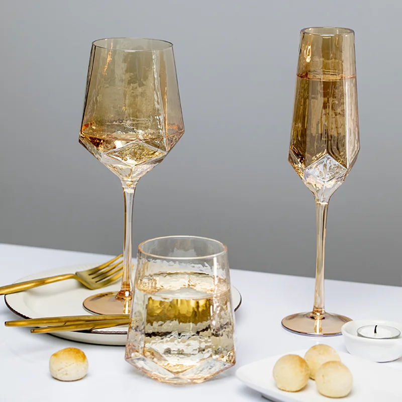 Light Luxury Gold Amber Champagne Goblet Wine Glasses Nordic Colored Home Lead-free Crystal Glass Hammered Diamond Whisky Cup whiskey glass glass drinkware