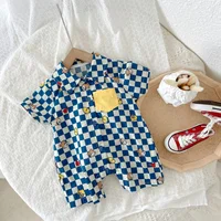 Summer 2023 New In! Cute Newborn Baby Boys' Short Sleeve Plaid Cartoon Print Romper Jumpsuits Kids Infant Cotton Clothes 3