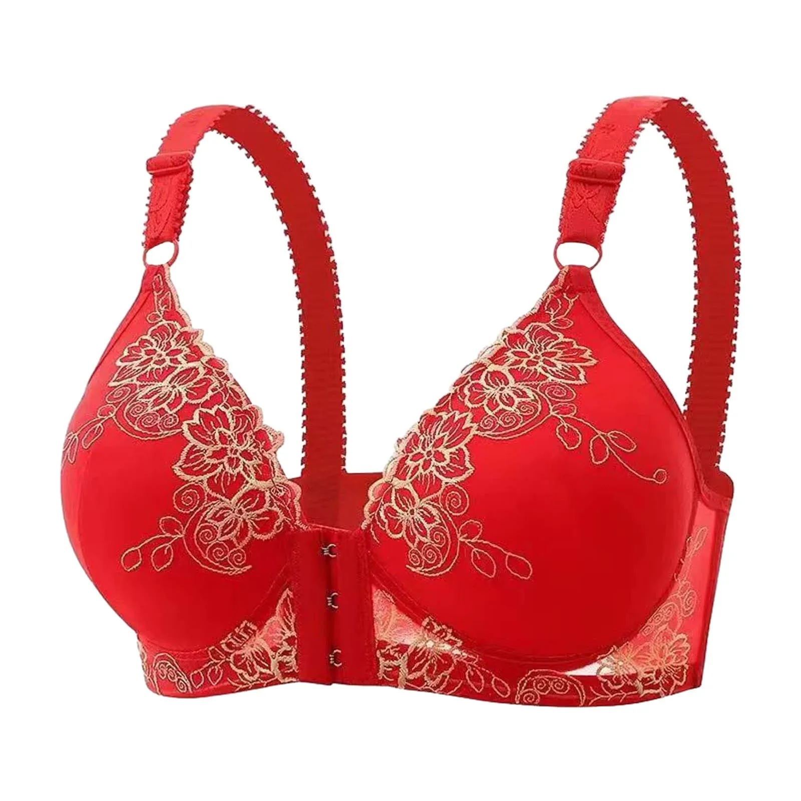 Women bra push up front side buckle lace edge bralette without steel ring seamless gathering adjustment strap
