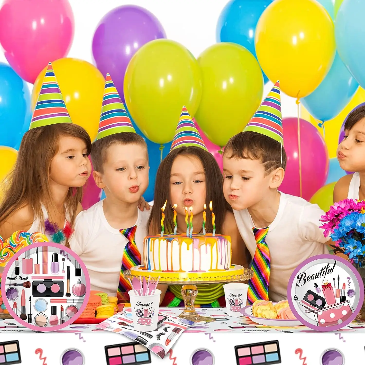스파 메이크업 테마 생일 파티 장식 식기 세트, 컵 플레이트 냅킨 풍선, 여아 좋아하는 공주 베이비 샤워