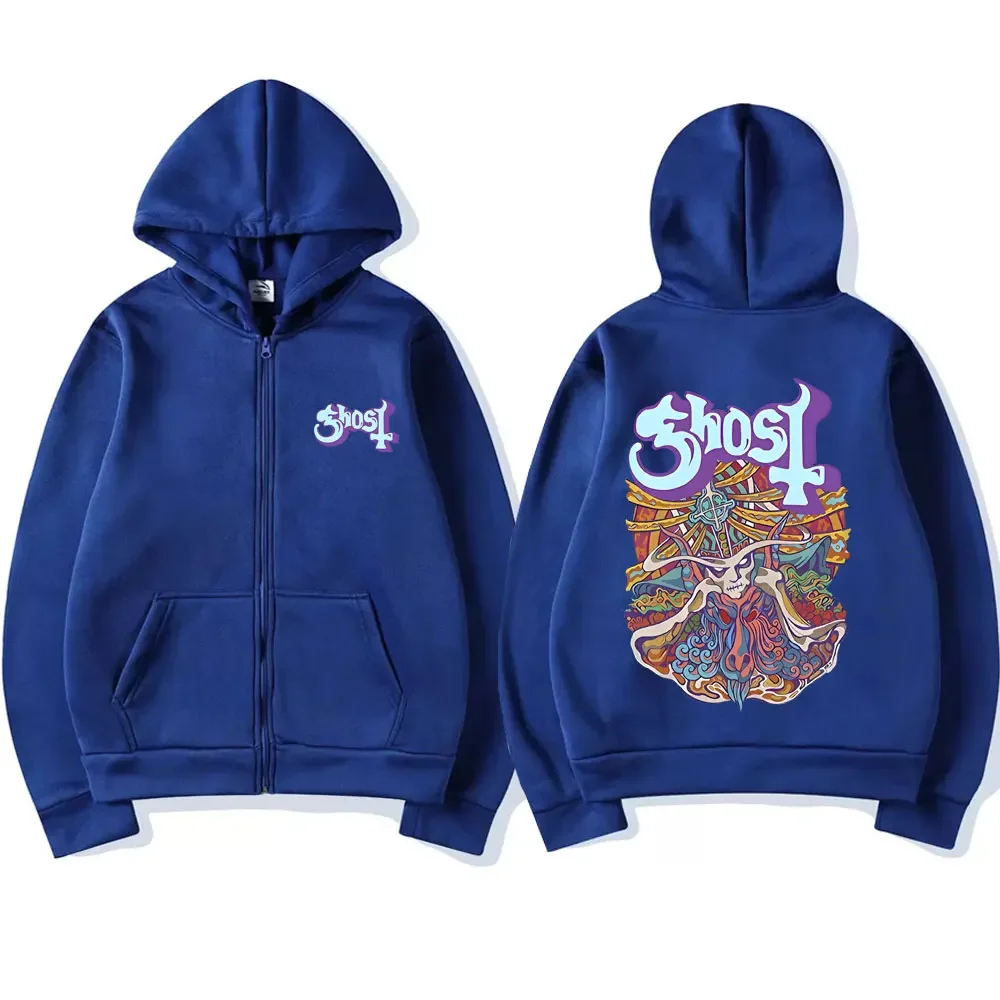 Ghost Band Graphic Zipper Hoodie Men's Women's Fashion Cartoon Zip Up Hooded Sweatshirt Street Vintage Hip Hop Oversized Hoodies