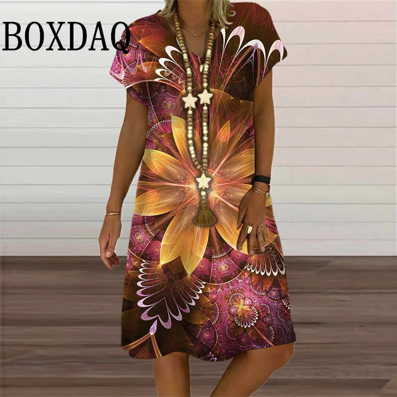 

Women Abstract Flower Dress Summer Retro Short Sleeve Pullover 3D Print Dress Plus Size Female Clothes Casual V-Neck Loose Dress