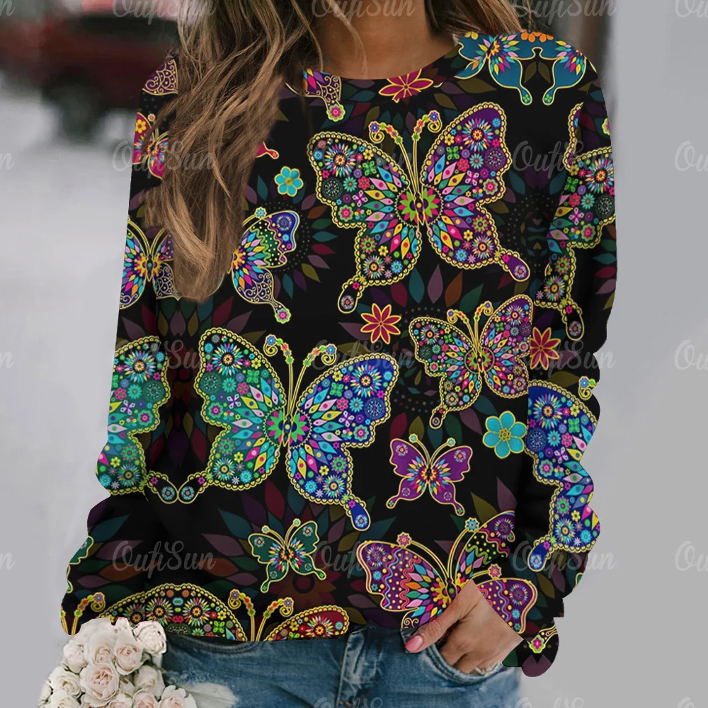 

Женская футболка с длинным рукавом, круглым вырезом и принтом в виде бабочек