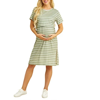 New Womens Nursing Dress Breastfeeding Dress Maternity Short Sleeve Striped Print Nursing Dress For Breastfeeding Платье Женское