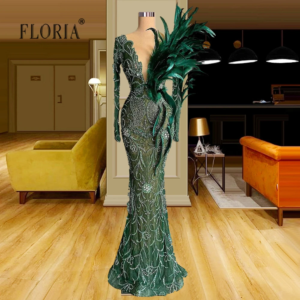 

Emerald Green Crystals Long Evening Dresses Robes Feathers V Neck Mermaid Party Dress Arabic Women Prom Gowns Customized Plus