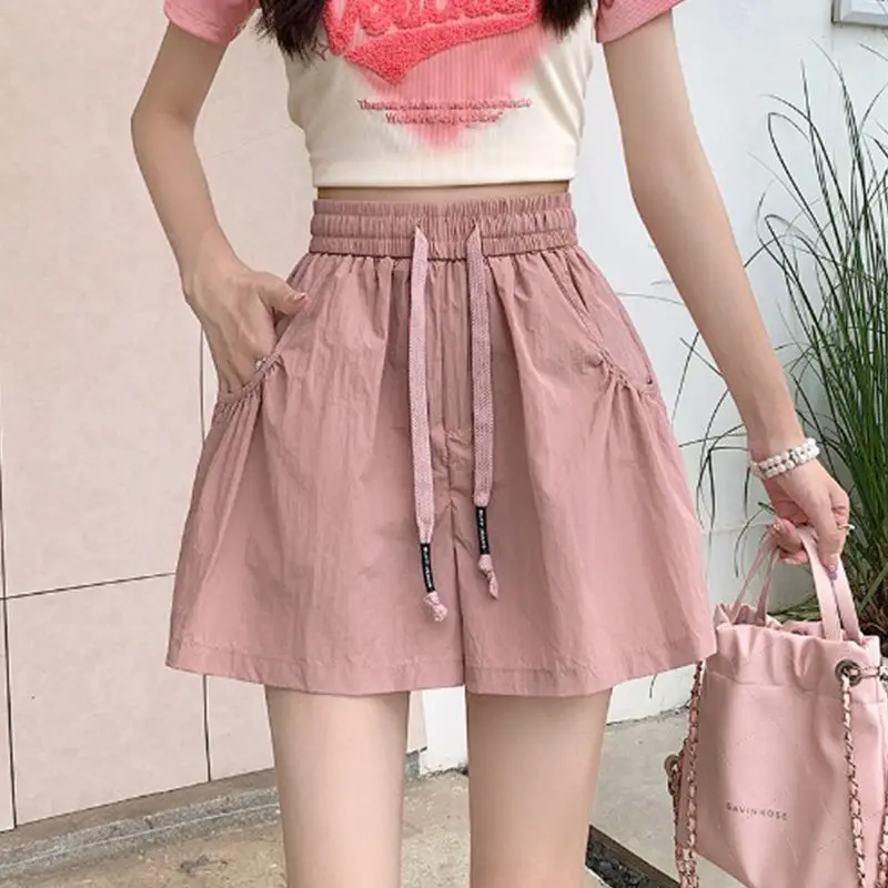 Japanese Sweet Summer Women's 2024 New Patchwork Pocket Drawstring Fashion Solid Color Comfortable All-match Casual Shorts