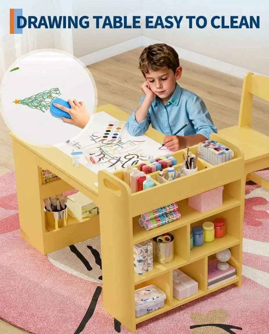 Kinder-Kunsttisch mit 2 Stühlen, Kleinkind-Basteltisch aus Holz mit Großen Aufbewahrungsregalen zum Schreiben und Zeichnen, Kinderzimmer – Detail 20