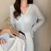 Cardigan Shirt Women Crooped Tops Korean Long Sleeve Cardigan Summer V Neck Thin Knitted Sunscreen Shirt Sweater Blusas Mujer 1
