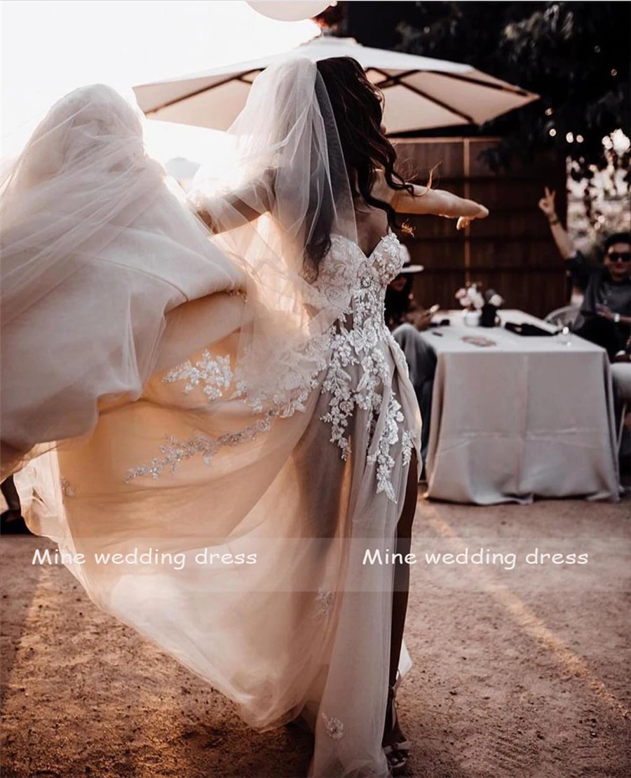 Customized Sheer Lace 3 D Flowers Applique Wedding Dresses Strapless Split Tulle Beach Bridal Gowns With Crystals 4