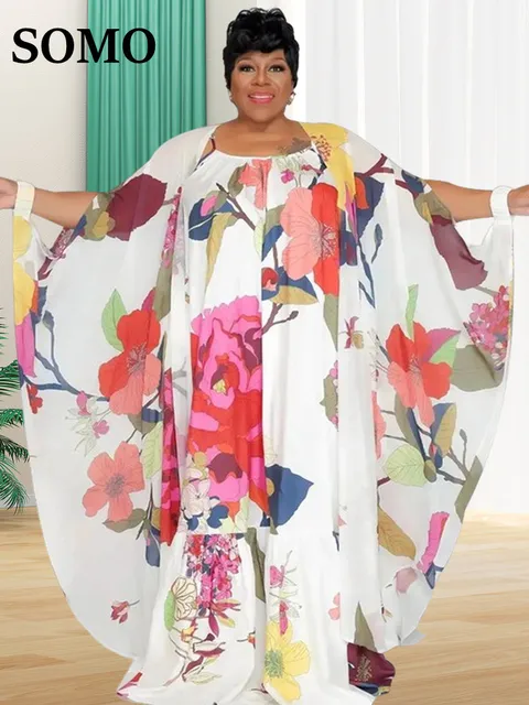 SOMO Plus Size Two Piece Set Women  Dress and Shawl Matching Summer 2023 Slip Floral Holiday New Outfits Wholesale Dropshiping 1