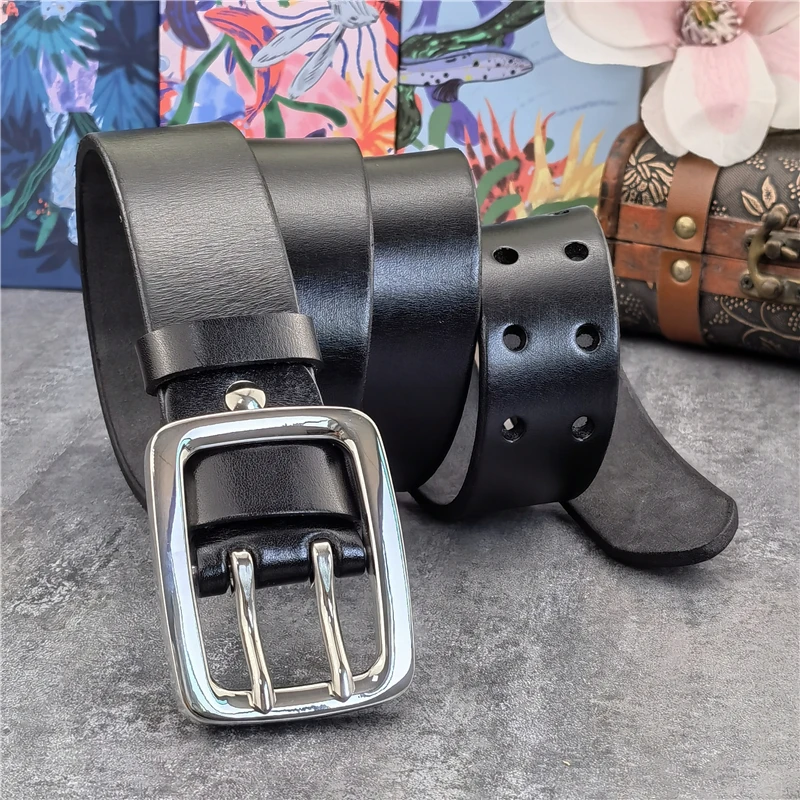 3.8CM Double Pin Stainless Steel Belt Buckle Thick Leather Belt Men Luxury Men's Belt Ceinture Men's Leather Belt Wide SBT0017