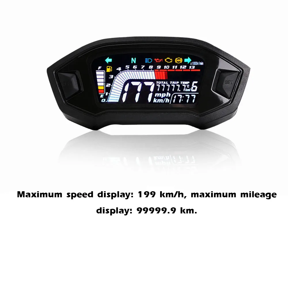 오토바이 속도계 범용 타코미터 LCD 디지털 주행 거리계 연료 레벨 미터 14000RPM 199km/h 1,2,4 실린더용