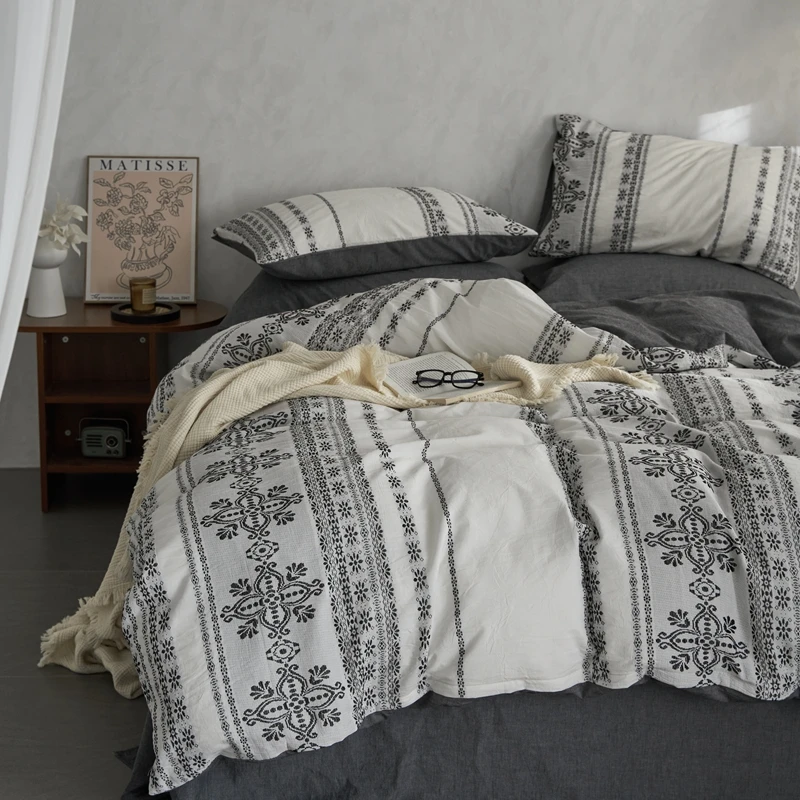 Waliicorners 4Pcs Bedding Set Nordic Double Quilt Cover Set Bed Linen Fitted Sheet Pillow New Bohemian Jacquard Washed Cotton 20 Scce77ae4a8d54edd8f6bb52466a33f36Y