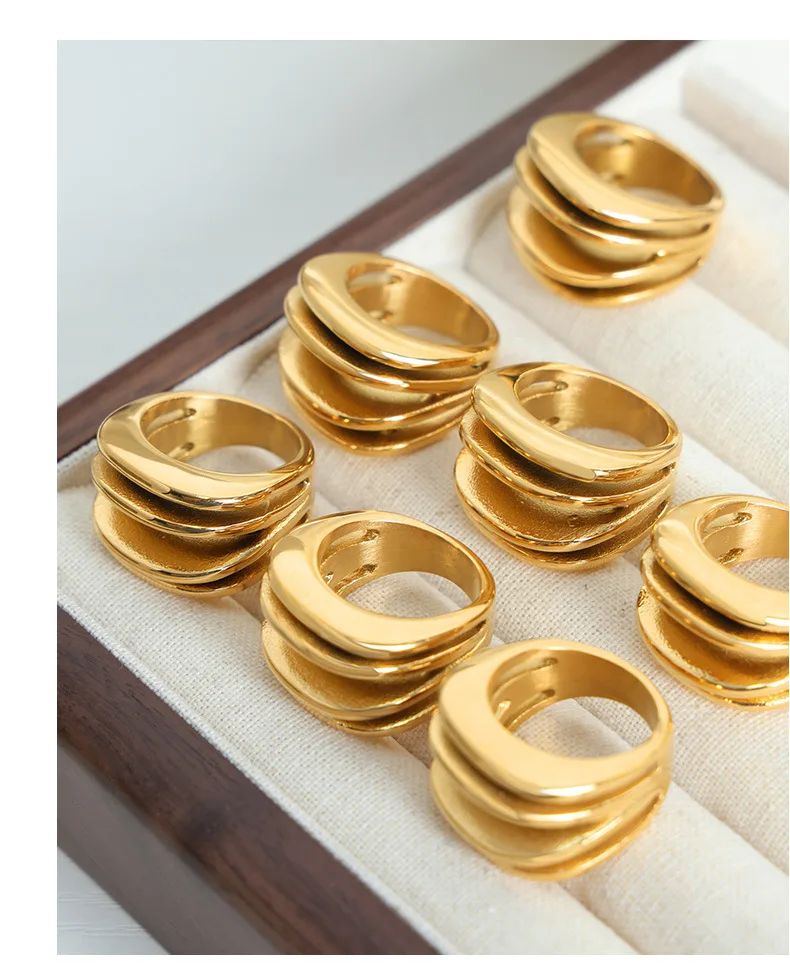 Trendige mehrschichtige Ringe für Damen und Herren, 316L-Edelstahl, 18 Karat vergoldet, kein Anlaufen, offener Fingerring für Damen, Paarschmuck – Detail 8
