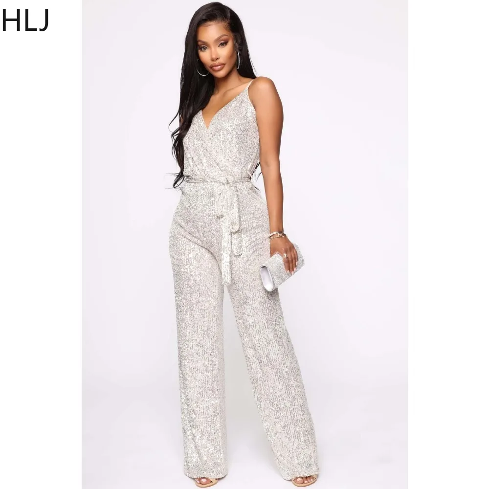 HLJ Fashion Sequin Lace Up Thin Strap Jumpsuits Women V Neck Sleeveless Backless Slim Party Club Playsuit Lady Sparkling Overall