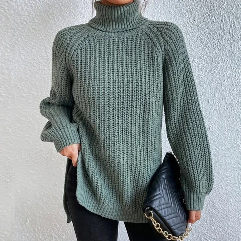 

Long Sleeve Turtleneck Split Pullover Sweater 2023 Autumn/Winter Soft Knitwear Fashion Raglan Casual Warm Mid-length Tops 29572