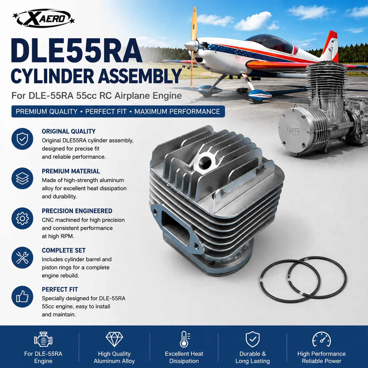 Original DLE55RA Zylinderbaugruppe für DLE-55RA Motor 55cc RC Flugzeug, Zylinderlauf-Kolbenringsatz aus Aluminiumlegierung