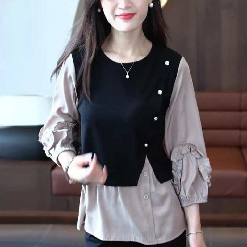 Office Lady Casual Round Neck Fake Two Pieces Blouse Spring Autumn All-match Patchwork Stylish Button Female Ruffles Loose Shirt 1 pair detachable fake sleeves spring autumn wild sweater decorative sleeves lace ruffles elbow sleeve cuff universal fake cuff