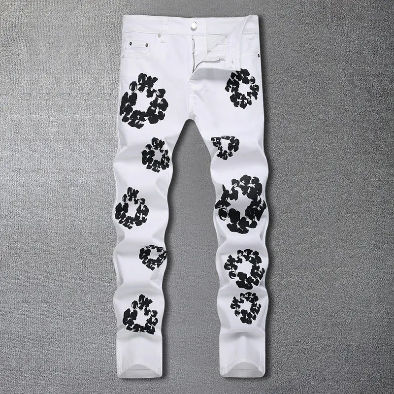 

Hip Hop Floral Color Contrast Printed Jeans Men Washed Slim Fit Designer Jeans Pants Men Big Size Tropical Pattern Denim Jeans