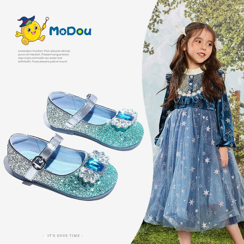 

Mo Dou Girls' Crystal Shoes 2023 Spring New Princess Aisha Leather Shoes Soft Sole Comfortable PU Lining Hook And Loop Design