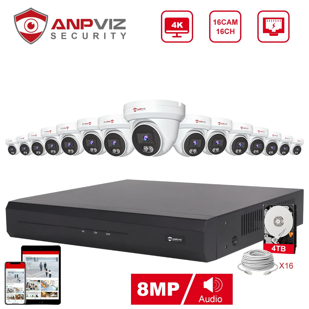 Anpviz NVR 16CH NVR 8MP POE IP Camera System Outdoor CCTV Video Security Surveillance Kit IP66 IR 30m Humanoid vehicle Detection