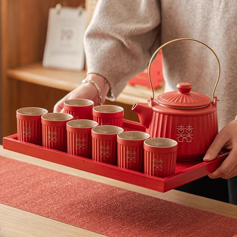 Gift for Newlyweds, Chinese Wedding Tea Set, Red Enamel Double Happiness Cups, High End Bride Dowry Gift for Best Friend, Couple