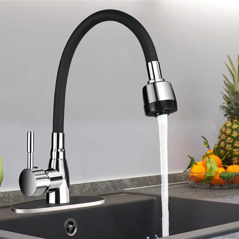 Polished Kitchen Basin Faucet Chrome Black 360 Rotating  Single Handle Cold and Hot Water Mixer Tap