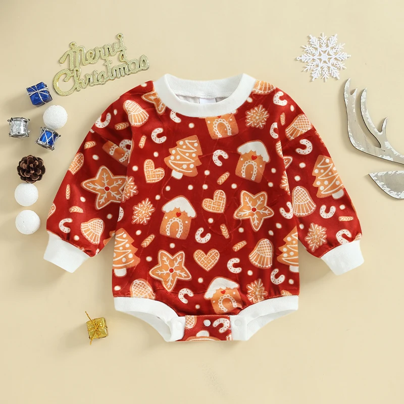 

Newborn Baby Girl Boy Christmas Sweatshirt Romper Santa Fuzzy Letter Print Crewneck Bodysuit Fall Winter Outfit