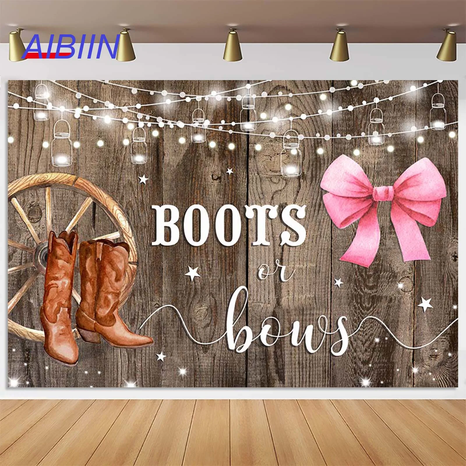 

AIBIIN Boots or Bows Gender Reveal Backdrop Boys or Girls Baby Shower Photography Background Party Decor Rustic Wood Cake Banner